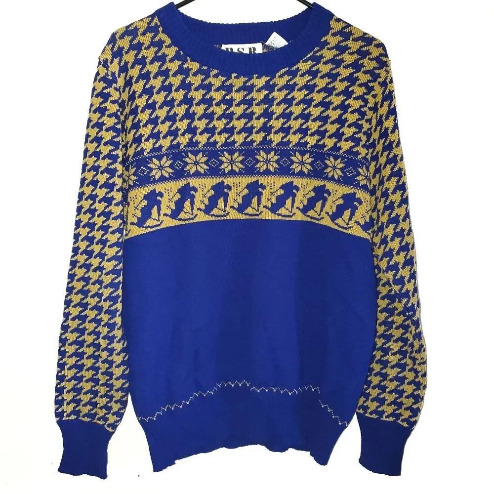 Vintage Men's Ski Skier Sweater Wool Blend Retro Ski Lodge Size L